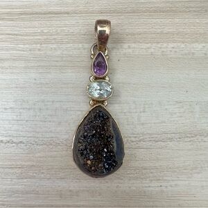 Black Druzy Teardrop Pendant .925 Sterling Silver India
